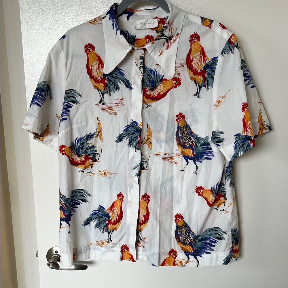 Corey Lynn Calter White Shirt with Rooster Print